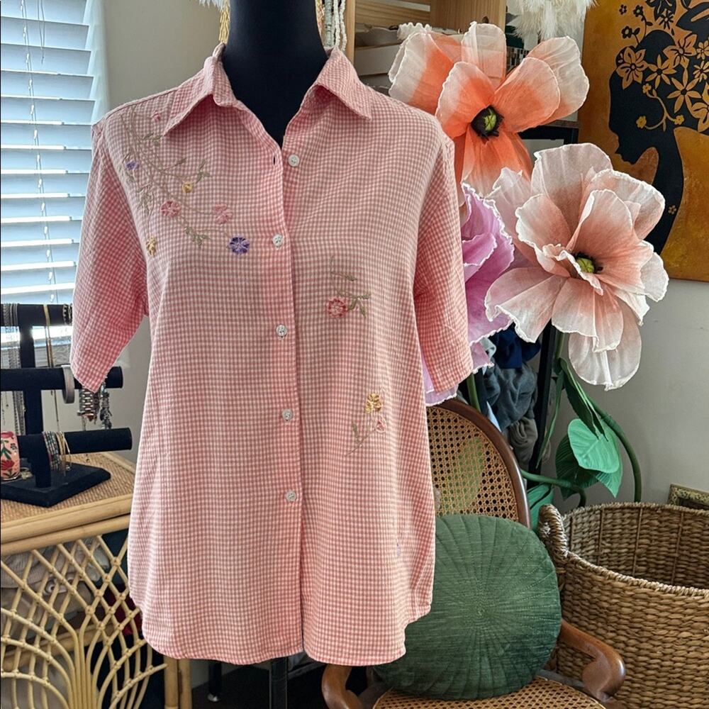 Vintage 90s Casey & Max Orange Gingham Floral Embroidery Preppy Button Up Blouse